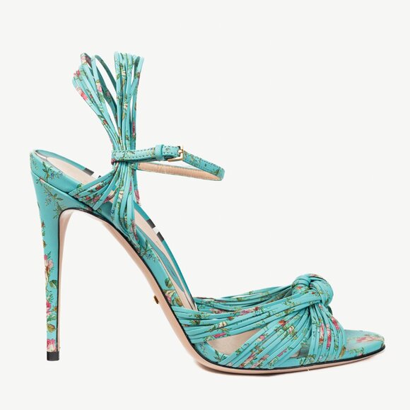 Gucci Allie Light-Blue Floral-Print Leather Knotted High-Heel Sandals - Picture 1 of 11